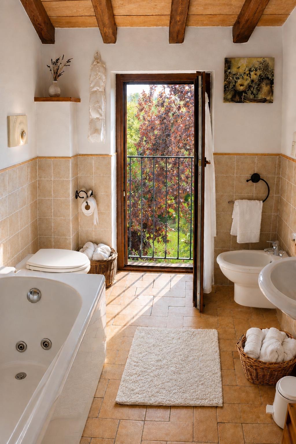 Bagno della Camera Margherita con vasca, sanitari e travi a vista